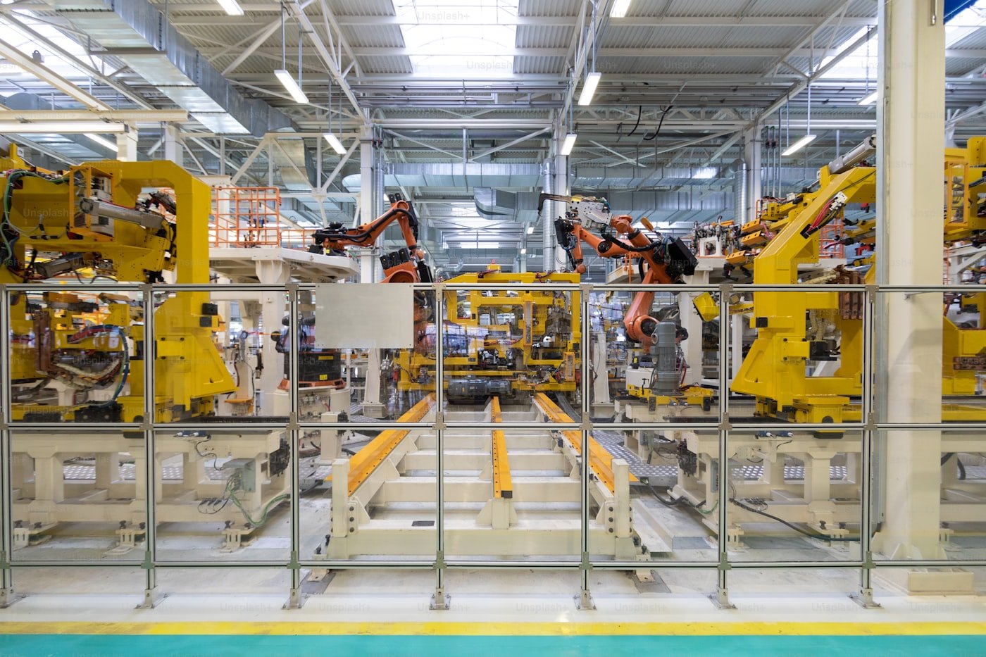 Welding cell on an automotive assembly line.